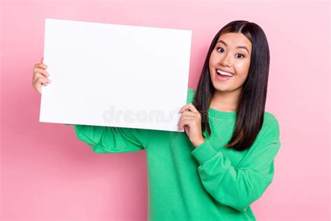 Photo Of Positive Charming Lady Wear Green Sweatshirt Rising White