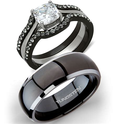 His Titanium And Hers 4 Pc Black Stainless Steel Wedding Engagement Ring