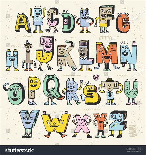 Fantastic Funny Alphabet Wacky Doodle Letters Design Color Set Vector