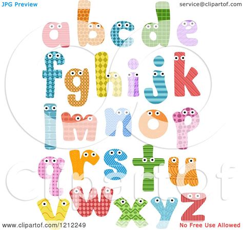 Cartoon Of Colorful Patterned Lowercase Letters With Eyes Royalty