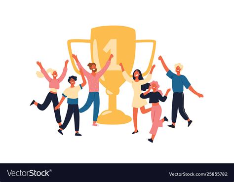 Winners With Golden Trophy Cheerful Team Members Vector Image
