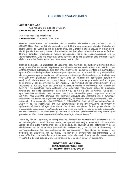 Informe De Auditoria 4 Tipos De Opinión Auditoría Financiera Contralor