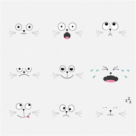 Cute Black Cat Head Set Funny Cartoon Characters Different Emotions