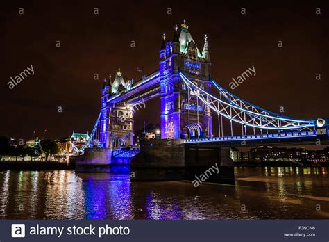 View Of Tower Bridge Over The River Thames At Night London Uk