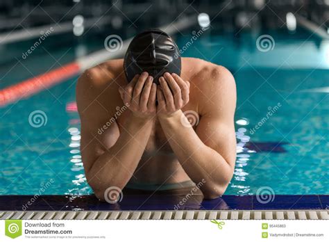 Male Swimmer Standing At The Edge Of A Pool Stock Image Image Of