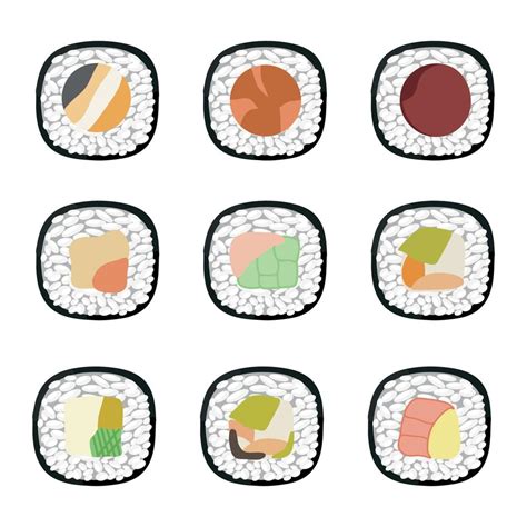 Vector Icon Set Of Yummy Colored Sushi Rolls Collection Of Different