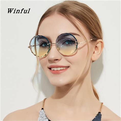 Fashion Round Rimless Sunglasses Women Ladies Luxury Brand Designer Gradient Sun Glasses Clear