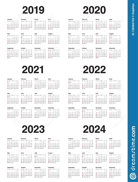 2021 2022 2023 2024 Calendar Eight Year Vector Calendar 2017 2018