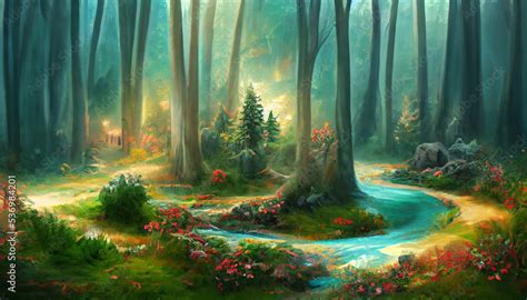 The Enchanted Forest Of The Magic Natural Landscape And River Flow