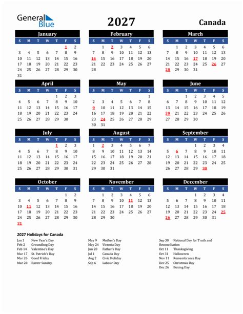 2027 Canada Calendar With Holidays