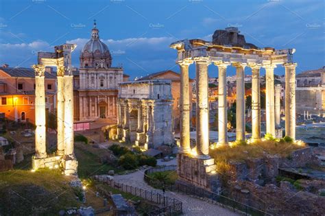 Ancient Ruins Of Roman Forum At Night Rome Italy Stock Photo Containing