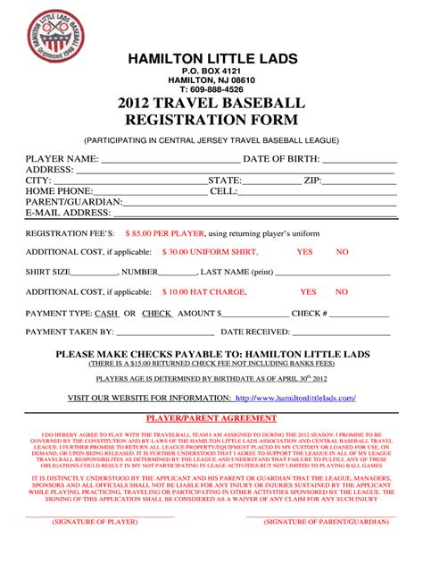 Fillable Online 2012 Travel Baseball Registration Form Fax Email Print