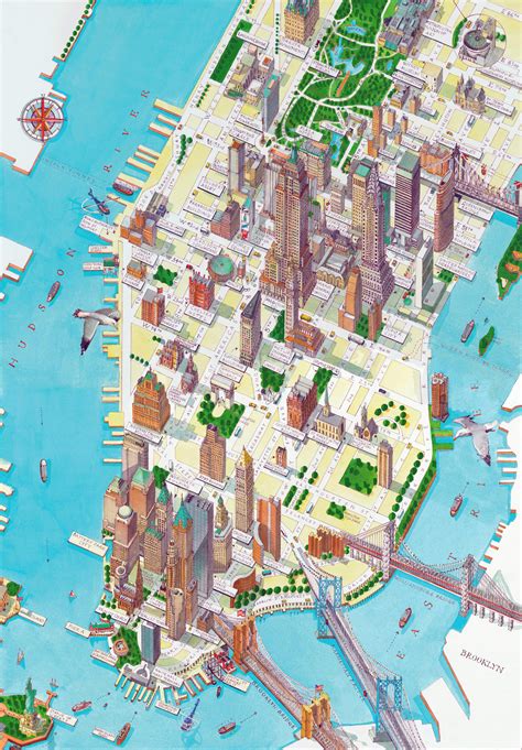 Large Detailed Panoramic Drawing Map Of Lower Manhattan Ny City New York City Vidiani