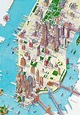 Large detailed panoramic drawing map of lower Manhattan NY city (New ...