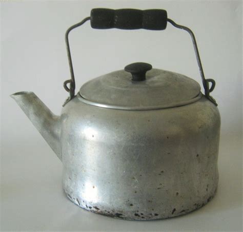 Vintage Aluminum Tea Kettle 1940s Black Wood Handle