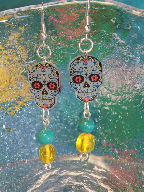 Neon Sugar Skull Day Of The Dead Shrink Art Earrings With Etsy