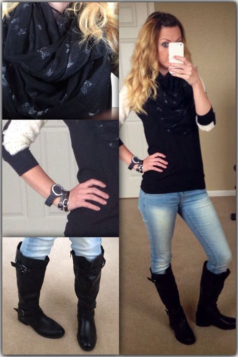 Casual Friday Express Sweater Infinity Scarf Light Wash Skinnies Black Riding Boots