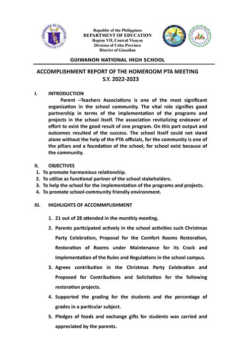 Accomplishment Report Of The Homeroom Pta Docx Republic Of