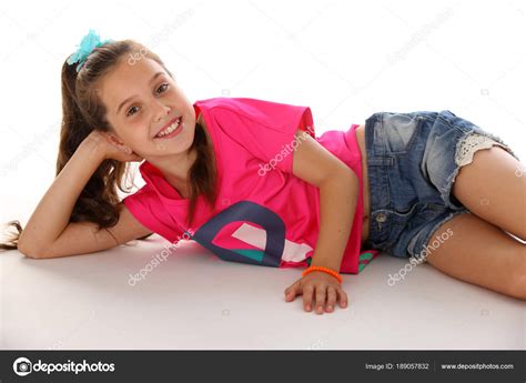 Portrait Lying Attractive Young Brunette Schoolgirl Denim Shorts Bright