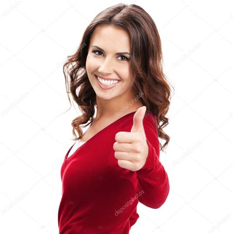 Woman Showing Thumbs Up Gesture On White Stock Photo By G Studio
