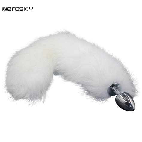 zerosky white fox tail butt plug fox tail stainless steel anal plug tail erotic toys funny anal