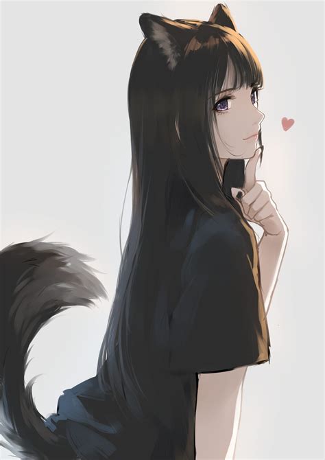 Wolf Girls Black T Shirt Straight Hair Anime Girls Anime Tail Heart