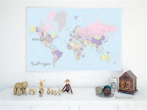 Highly Detailed World Map Print World Map With Cities In Bright Colors