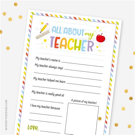 All About My Teacher Printable Pdf My Party Design