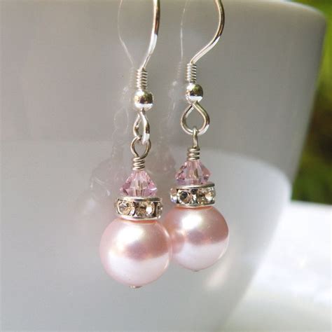 Short Drop Pink Pearl Earrings Sterling Silver Rose Petal Etsy Pink