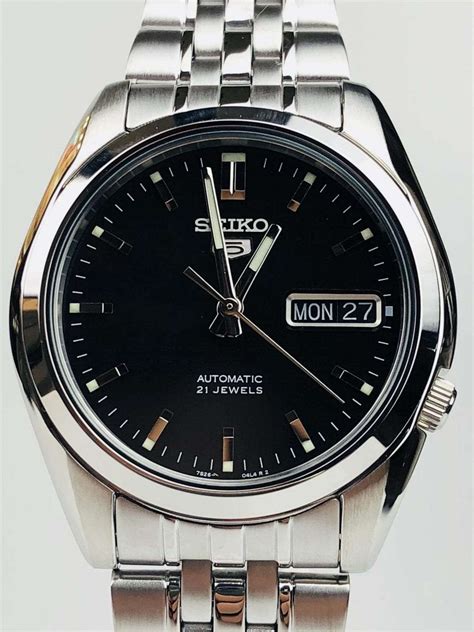 Seiko Automatic Black Dial Silver Steel Mens Watch Snk K
