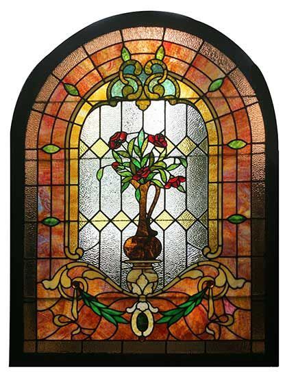 Arch Top Stained Glass Window With Roses And Vase Stained Glass