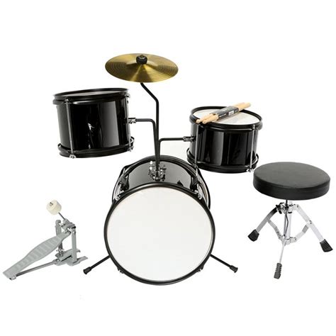 Black 3 Piece Complete Junior Drum Set Cymbal Child Kids Kit W Stool