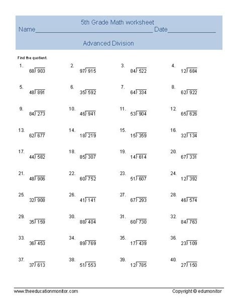 Advanced Division Math Worksheets For Fifth Grade Kids