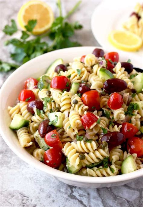 Instead choose a small, short pasta like. Mediterranean Tuna Pasta Salad with tomatoes, Kalamata ...