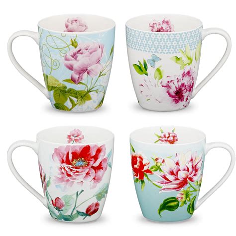 Eileens Reserve 12 Oz New Bone China Floral Mug Set For Coffee And Tea Set Of 4
