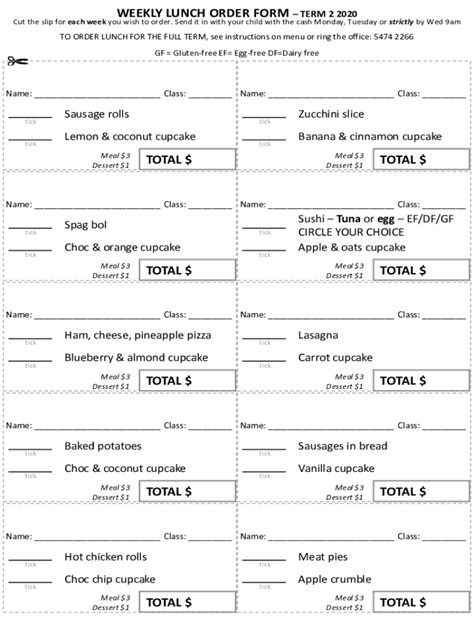 Fillable Online First Hot Lunch Order Form Due Friday Sept 9 Saint