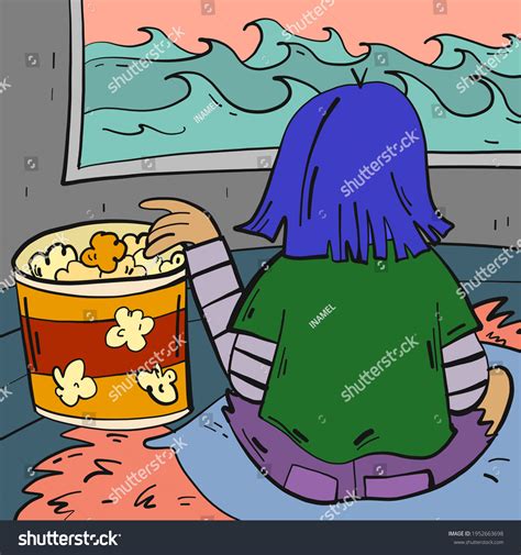 Girl Eating Popcorn Watching Tv Illustration Stock Illustration