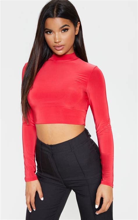 Red Slinky High Neck Long Sleeve Crop Top Prettylittlething Usa