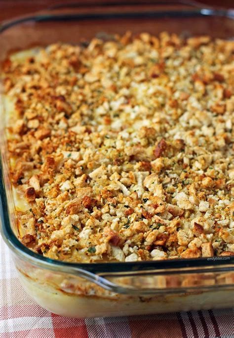 Pour this mixture into a large casserole dish. Cheesy Chicken and Stuffing Bake - Emily Bites | Recipe ...