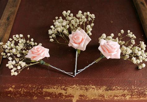 Babys Breath And Pink Rose Bobby Pins Rustic Hair Piece Woodland Hair