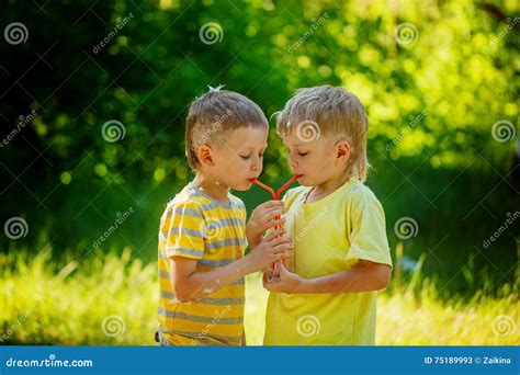 Two Beautiful Children Boy Friends Drinking Water In The Park Stock