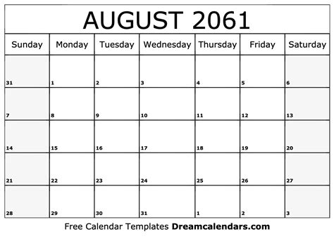 August 2061 Calendar Free Blank Printable With Holidays