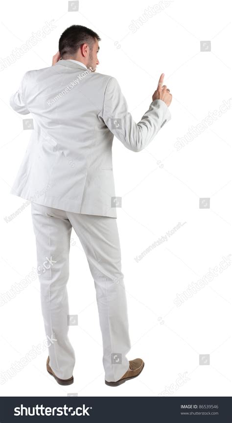 Back View Of Thinking Young Business Man In White Suit Rear View