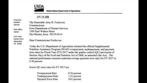 2018 Usda Letter To Iowa Dhs Warned The State Of High Snap Payment