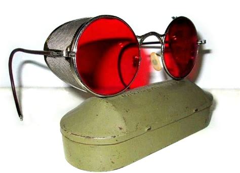 Antique Wwii Red Welsh Goggles Sunglasses Spectacles Vtg Retro Steampunk Glasses Shield