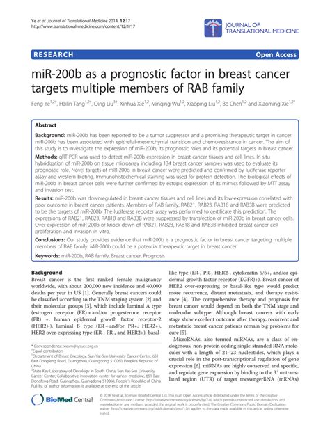 Pdf Mir B As A Prognostic Factor In Breast Cancer Targets Multiple