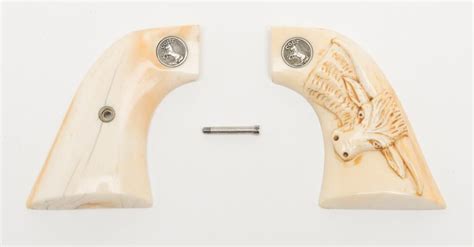 Pair Of Raised Carved Steer Head Ivory Medallion Grips For A Colt Saa