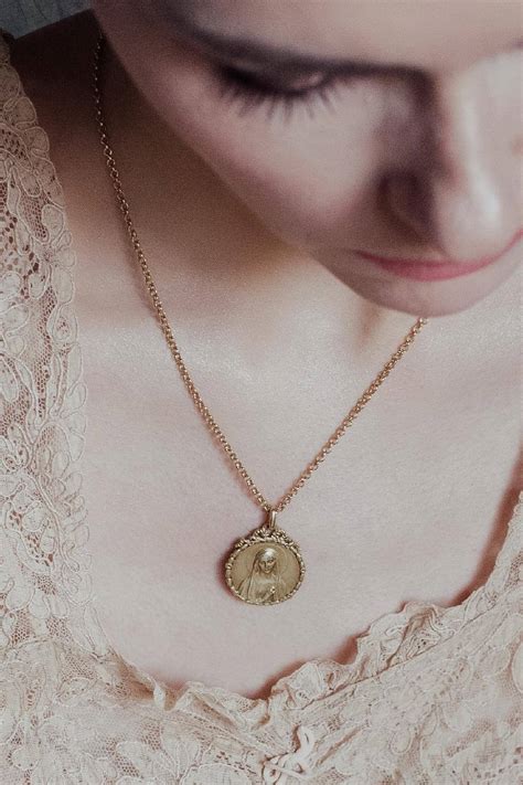 18k Gold Blessed Mother Necklace Medal Art Nouveau Vintage Catholic Jewelry Religious