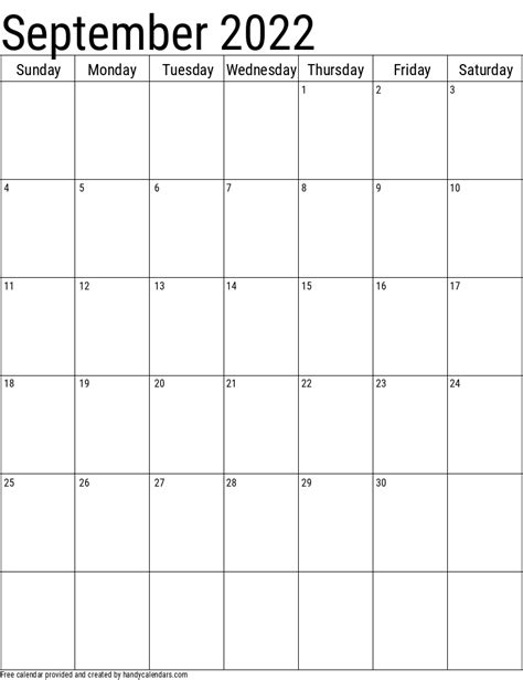 2022 September Calendars Handy Calendars