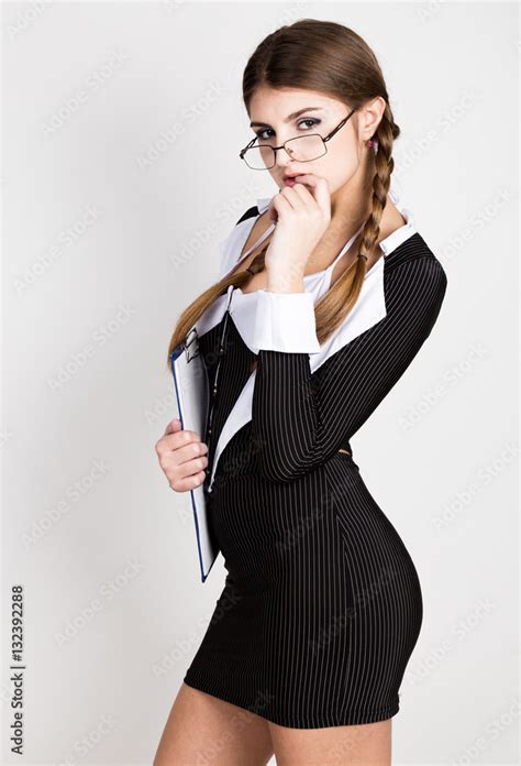 Sexy Secretary Portrait Of Beautiful Brunette Business Lady With Glasses And Wearing In